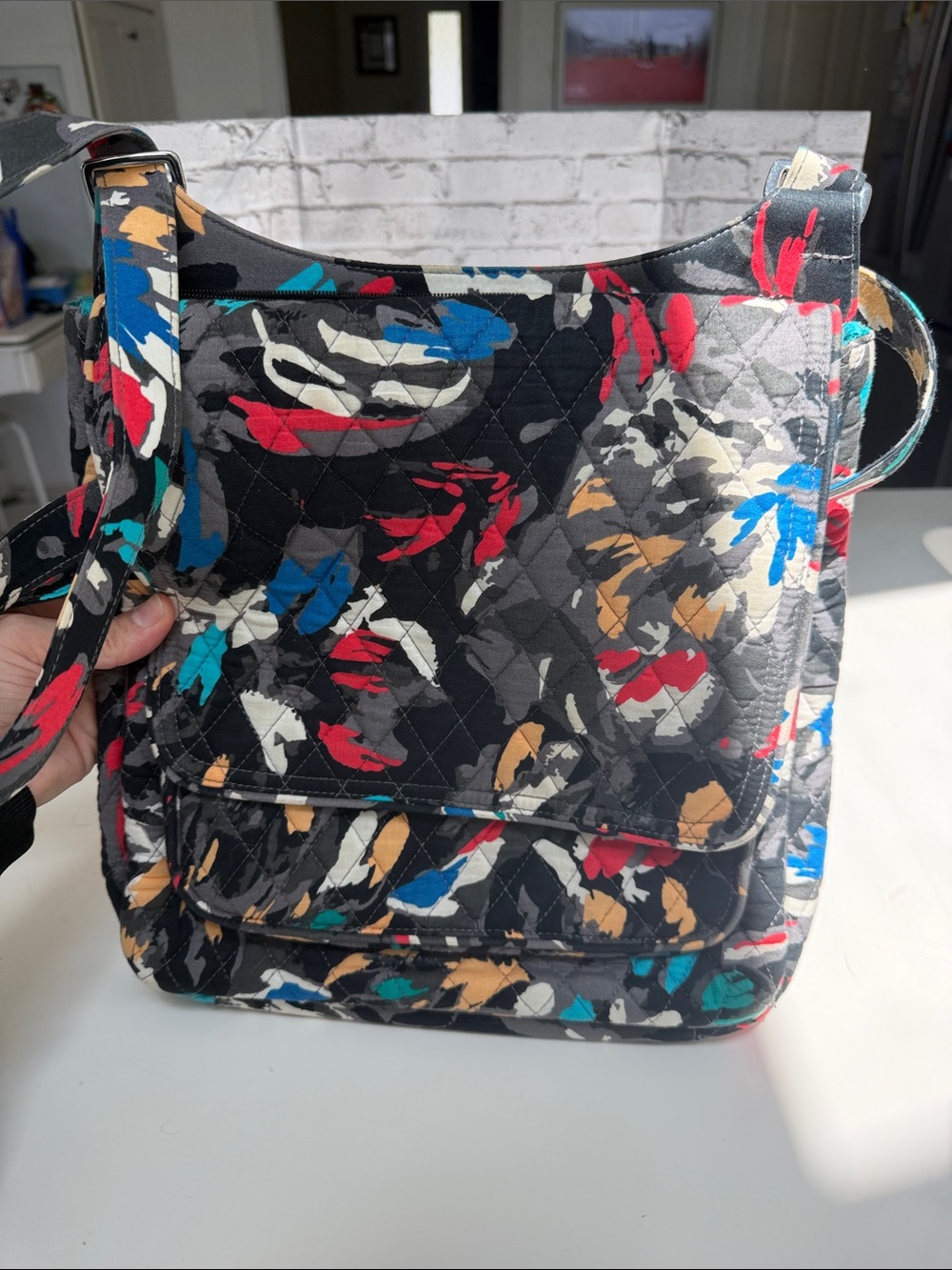 Vera Bradley Quilted Crossbody in Black with Red, Blue, Tan, Cream Accents